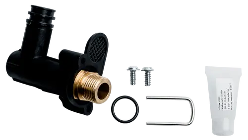 Hydraulikkomponente von Wolf mit einem Anschlussstück, zwei Schrauben, einem Dichtungsring, einem Sicherungsbügel und einer Tube Dichtmasse.
